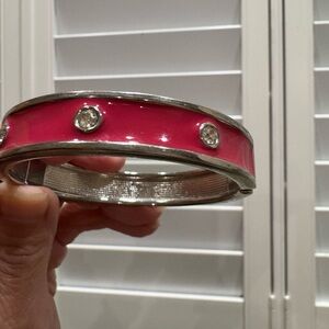 Pink Enamel with Crystal Rhinestones and Silver Bangle